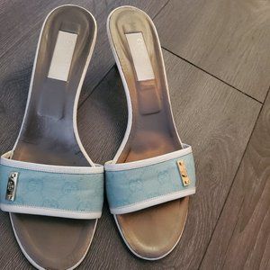 Gucci sandals slides, seaform green, white leather, kitten heels, Sz 9